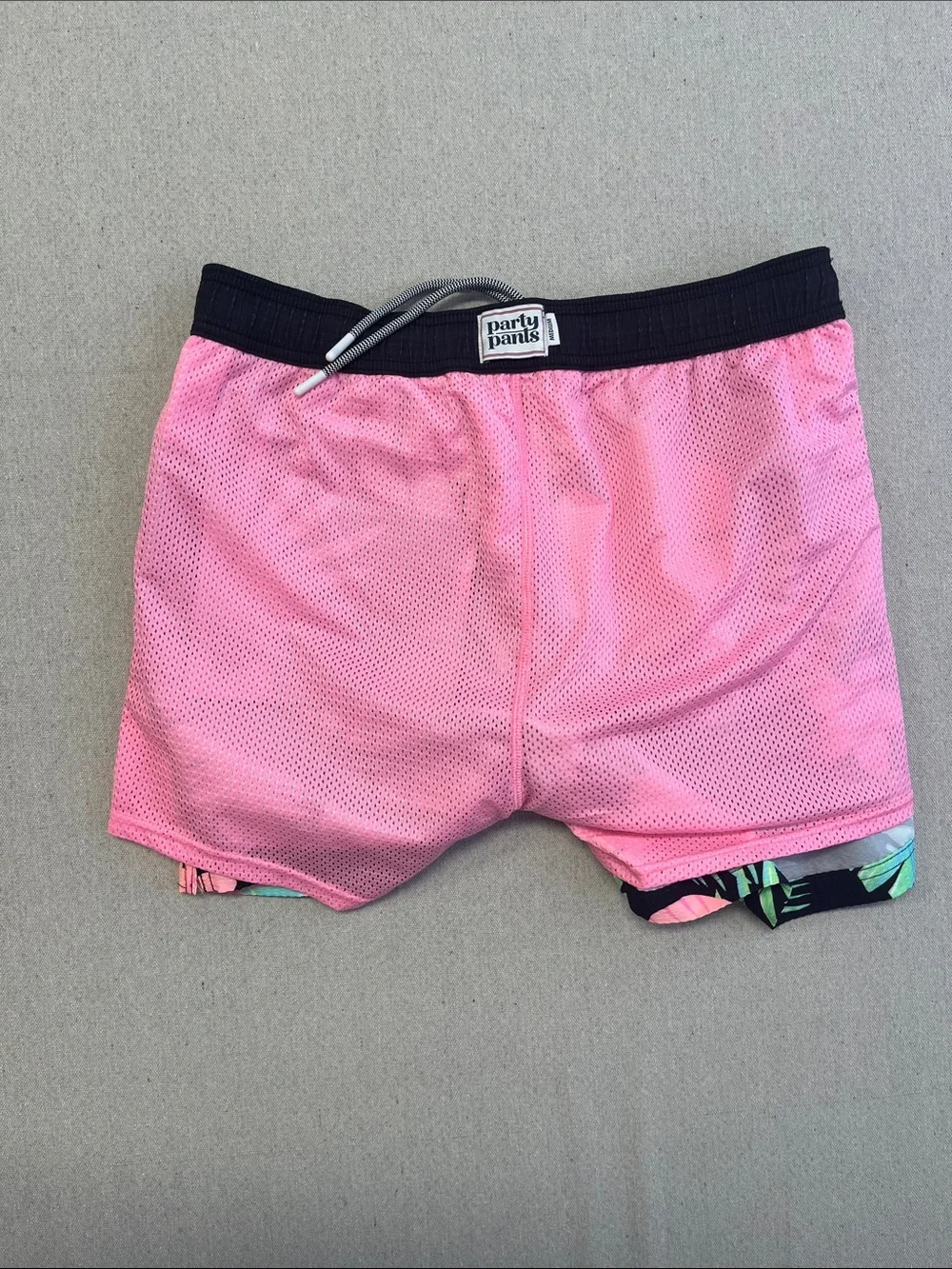 Party Pants Tropical Floral Swim Trunks Black Pink Medium Shorts